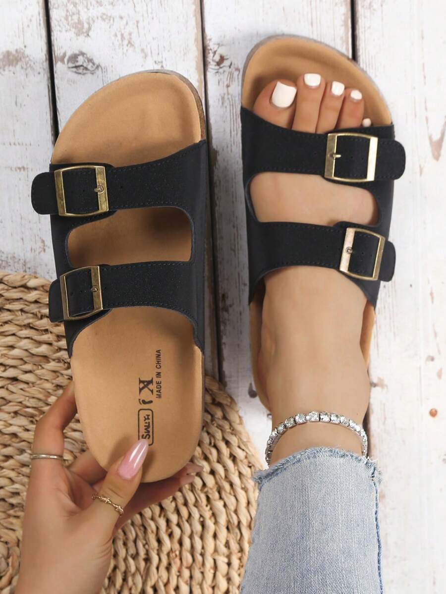 2025 Spring/Summer New Fashionable Women Cute Comfortable Thick-Sole Sandals, Women Elegant Flat Sandals, Resort Style Beach Shoes, Slip-On Flat Casual Slippers Suitable For Dresses, Beach Or Apartment, Black, White, Khaki, Brown, Coffee, Beige, Formal Shoes, Holiday Sandals, Bohemian Style Beach Walking Shoes, Flat Loafers, Thick-Sole Flat Sandals - Black - View 1