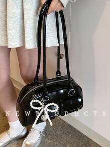 New Fashion Classic All-Match Solid Color PU Waterproof Fabric Women's Handbag, Beaded Bow Decoration Design Large Capacity Shoulder Bag, Shell Bag, Women's Wallet, Suitable For Shopping, Commuting, Travel Use, Street & Japanese Bag For Women