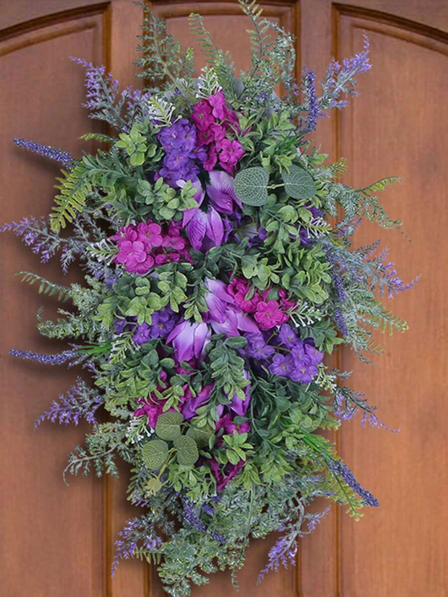 Simulation Becoration,Summer Spring Colorful Tulips Wreath For Front Door Artificial Flower Lavenders Swag Garlands For Wedding Porch Wall Decor - Màu tím - Xem 1