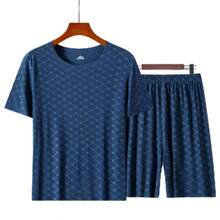 夏のメンズパジャマホームウェアセットプリントアイスシルク Tシャツ半袖モーダルカジュアルパジャマメンズパジャマズボン薄いスーツ - グレー - チェックする 6