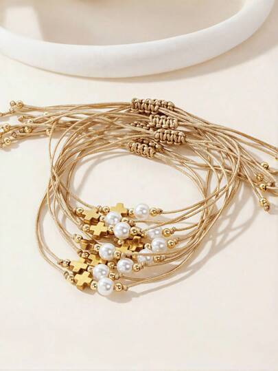 2/4/6/10 piezas Pulsera de estilo vacacional bohemio ajustable con perlas falsas, hierro y piedra cruz para el verano
