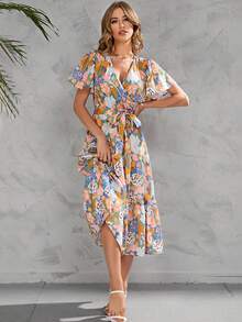 Vestido Largo Con Estampado De Flores Para Mujer,Vestido De Verano Con Escote En V Profundo y Manga Con Volantes - Amarillo - Ver 5