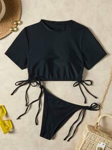 Bộ bikini nữ mùa hè mới, có dây rút, màu trơn, đồ bơi đi biển, kỳ nghỉ hè, màu đen. - màu đen - Xem 2