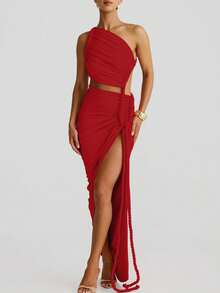 女士夏季纯色拼接露背侧开衩褶饰长裙紧身性感优雅派对礼服舞会 - 紅色 - 查看 5