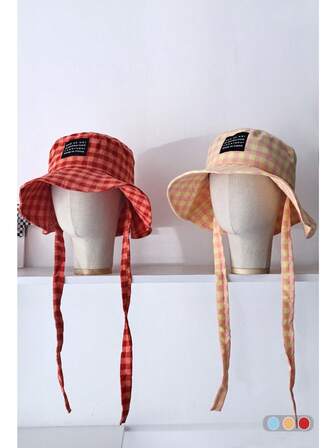 1 件女士度假宽边防晒太阳帽，时尚海滩休闲蝴蝶结彩色格子可折叠渔夫帽，波西米亚风格