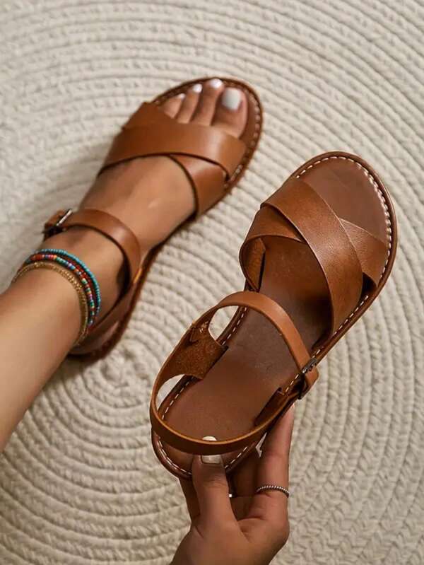 Soft Flat Comfortable Sandals, Fashion Women's Shoes, Buckle Closure, Lightweight, Adjustable Lace Up, Women Shoes