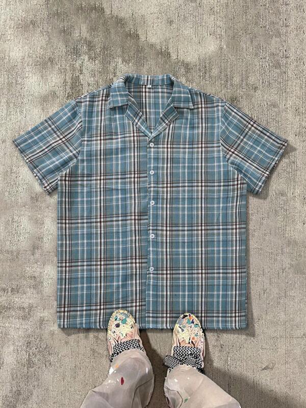 Blue & Brown Plaid Soft Casual Short Sleeve Polo Shirt, Spring/Autumn