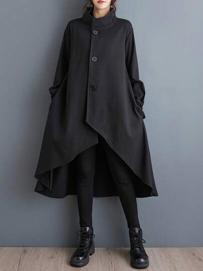 ボタンフロント スタンドカラー ルーズコート、カジュアル無地 長袖 ロングライン コート 春秋用、レディースウェア、カジュアルアティア | ミドル丈アウター | ポリエステルコート