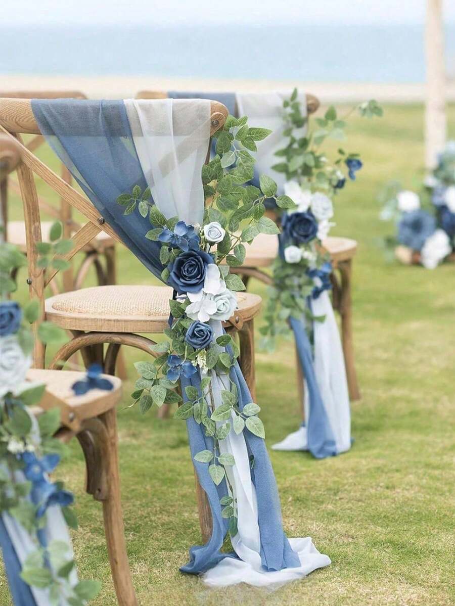 3pcs/Set Wedding Chair Decorations Aisle Pew Artificial Flowers With 2Pcs 98.4in Hanging Chiffon Fabric Cream For Ceremony Reception Floral Faux Backdrop Rose Arrangement Party Outdoor Decor, Wedding Stairway Flowers Decoration For Wedding Decoration, Valentine's Day Decor, Birthday Decor, Anniversary Decor, Holiday Decor, Graduation Decoration, Party Decor Spring Decorations - 藍色 - 查看 1