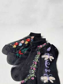 5双装女士薄款刺绣短袜，透气舒适，适合春夏穿着，黑色 - 彩色 - 查看 4