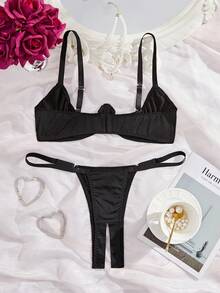 2pcs/Set Plus Size Women Halter Bra & Crotchless Thong Lingerie Set For Rave - Black - View 2