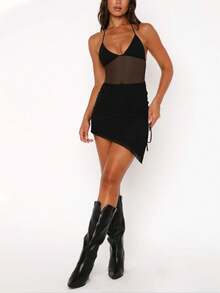 Solid Color Drawstring Open Back Halter Split Hem Sexy Dress Black Summer Party Elegant - Black - View 4