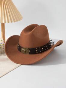 1pc Solid Color Casual Vintage Polyester (Polyester) Animal Shaped Cowboy Hat With Retro 3D Copper Bull Head Badge, Square Rivet, Round Rivet, Yellow Stone Element Leather Strap, American Western Wide Brim Cowboy Hat