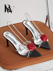 Strap Pointed Toe Rhinestone Rose Flower Embellished Stiletto High Heel Sandals, Summer 2025 - Black - View 1