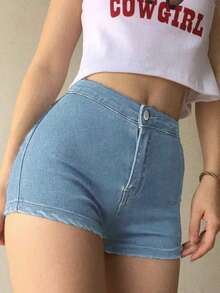 女士休闲弹力修身牛仔短裤 - 淺藍色 - 查看 5