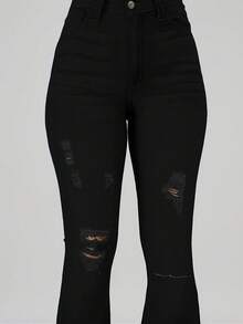 Plus Size Bootcut Women Jeans - High Waisted Ripped Open Button Fly Edge Jeans With Pocket Decoration Denim Bell Bottoms - 黑色 - 查看 4