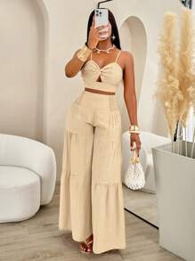 مجموعة قطعتين للنساء من اماريلو ب- توب حلقة ملفوفة وبنطال فضفاض واسع الساق لفصل الصيف