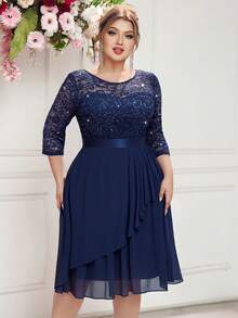 Plus Glitter Sequin Floral Lace Contrast Chiffon Ruffle Wrap Hem Elegant Prom Evening Party Swing Dress, Wedding Guest Dress, For Birthday, Graduation, Date Night - Navy Blue - View 6