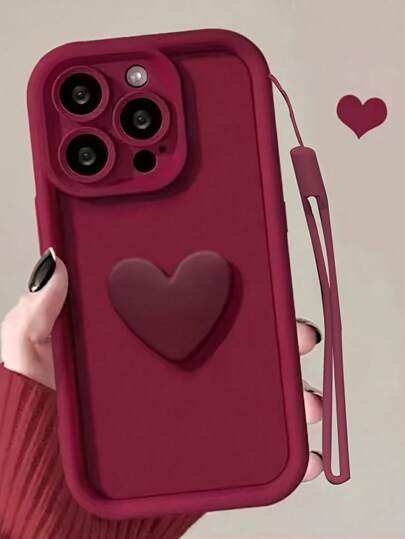حافظة هاتف سيليكون أنيقة باللون البرغندي مع قلادة قلب مجوفة متناسقة، متوافقة مع أجهزة 16/15/14/13/12/11، Redmi، Honor، OPPO، تضيف أناقة يومية مقاومة للماء والصدمات ومقاومة للخدش