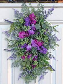 Simulation Becoration,Summer Spring Colorful Tulips Wreath For Front Door Artificial Flower Lavenders Swag Garlands For Wedding Porch Wall Decor - Màu tím - Xem 6
