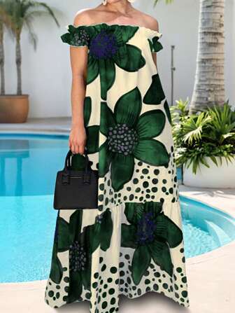 女士春夏度假风单肩花朵波点印花超长连衣裙聚会