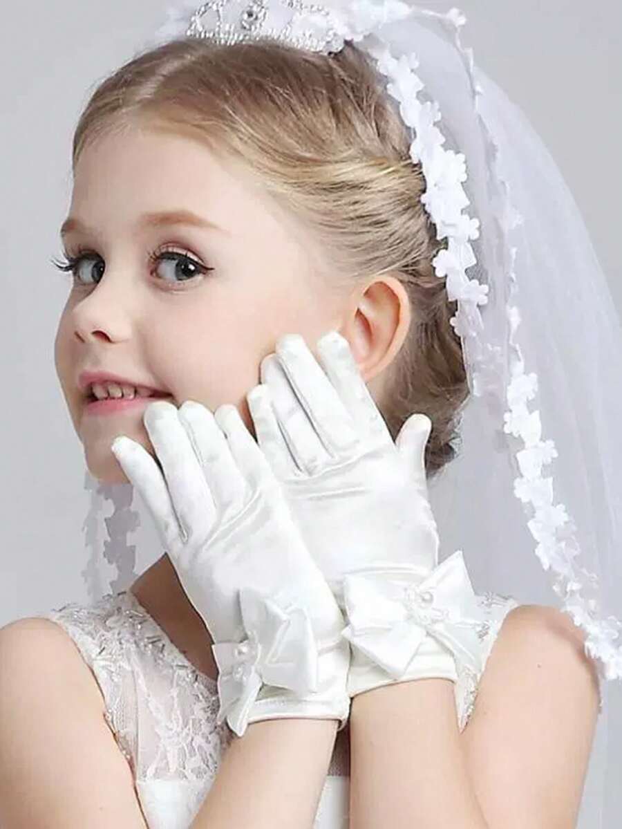 1Pair Girls Gorgeous Satin Fancy Gloves For Special Occasion Wedding Party Princess Short Gloves Full Finger Mittens Stage Glove