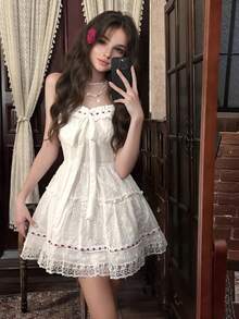 Sweet White Wedding Guest Party Dress Women Summer Lace Bow Hollow Out Sleeveless Mini Dresses Holiday Beach Outfits - View 3
