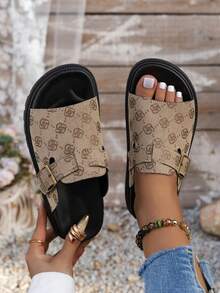 Strap Platform Soft Bottom Sandals, Beach Slippers New Summer Outdoor Wear Flat Simple Slip-On Shoes - Khaki - View 3