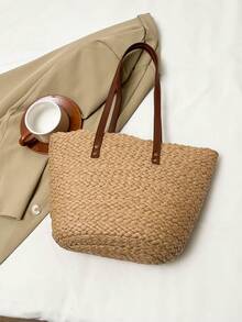 1pc High-Quality Textured Straw Bucket Handbag, Suitable For Daily Dates, Shopping, Fashionable Vacations, Beach Essentials, Summer Necessities ,Holiday - Khaki - View 10