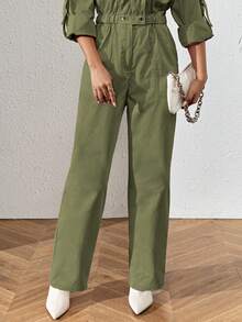 Jumper elegante para mujer largo liso con cintura elástica y solapa de moda - Verde militar - Ver 5