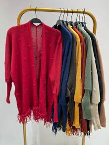 Poncho Kimono Blouse Knitted Cape Fringe Autumn Winter Women - 紅色 - 查看 6