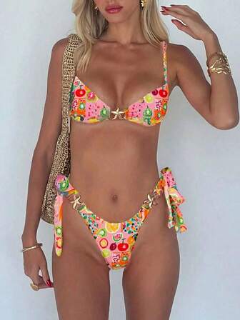 2pcs/Set Women's Sexy Printed Tie Strap Bikini Swimsuit Set, Summer