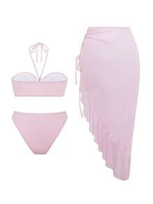 Allurini Cute Ocean Elements Shell, Starfish Decor Casual Going Out, Beach Holiday, Beach Party Solid Color Ruffles Fitted Asymmetrical Drawstring Tie Up Flounce Mesh Cover Up Maxi Dress + Basic Bikini 3-Piece Swimwear Set, Ibiza Outfit