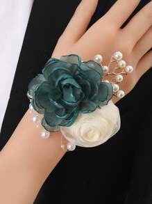 1 bucă elegantă floare de ceai verde și corsaj de trandafiri bej cu perle, floare la încheietura mâinii pentru femei, potrivită pentru mireasă, domnișoară de onoare, nuntă, bal, petrecere, ținută zilnică