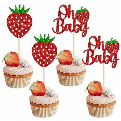 24pcs Sweet Cupcake Toppers Glitter Strawberry Cupcake Picks Fruit Berry Cupcake Decorations For Summer Strawberry Birthday Party Supplies