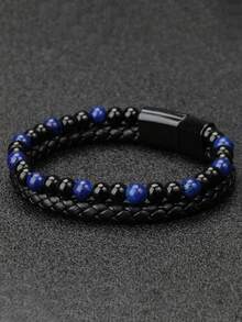 1pc Vintage Leather Tiger Eye Woven Men's Bracelet, European & American Style Tiger Eye, Volcanic Natural Agate Multi-Layer Black Beaded Bracelet - Multicolor - View 5