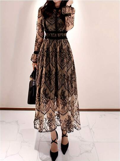 レディースレースドレス、エレガントなドレス、バンケットドレス、ロングドレス、パーティー、裏地付き、長袖、シルク、ハイウエスト、フラーレ、かわいい、スタイリッシュ、カジュアル、ルーズ、ボディカバー、春秋