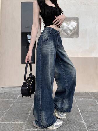 重度水洗解构复古高腰修身阔腿牛仔裤，女款2025春夏新品