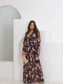 Long Sleeve V-Neck Dress With Padded Back Lining - Black Gold - View 2