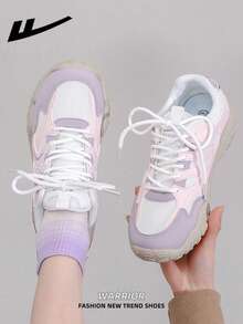 WARRIOR 1 Pair Women's Casual Sports Shoes, Lace-Up Design, Low-Top Outdoor Mesh Patchwork Breathable Flat Shoes For Spring And Summer, Comfortable Soft Sole Hiking Shoes With Retro Details, Classic Vintage Running Shoes For Students, Outdoor Activities And Commuting - Light Pink/beige/purple - View 7