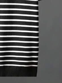 Maglietta girocollo a maniche corte a righe orizzontali in bianco e nero, in maglia, comoda e di stile, adatta per uso quotidiano e casual