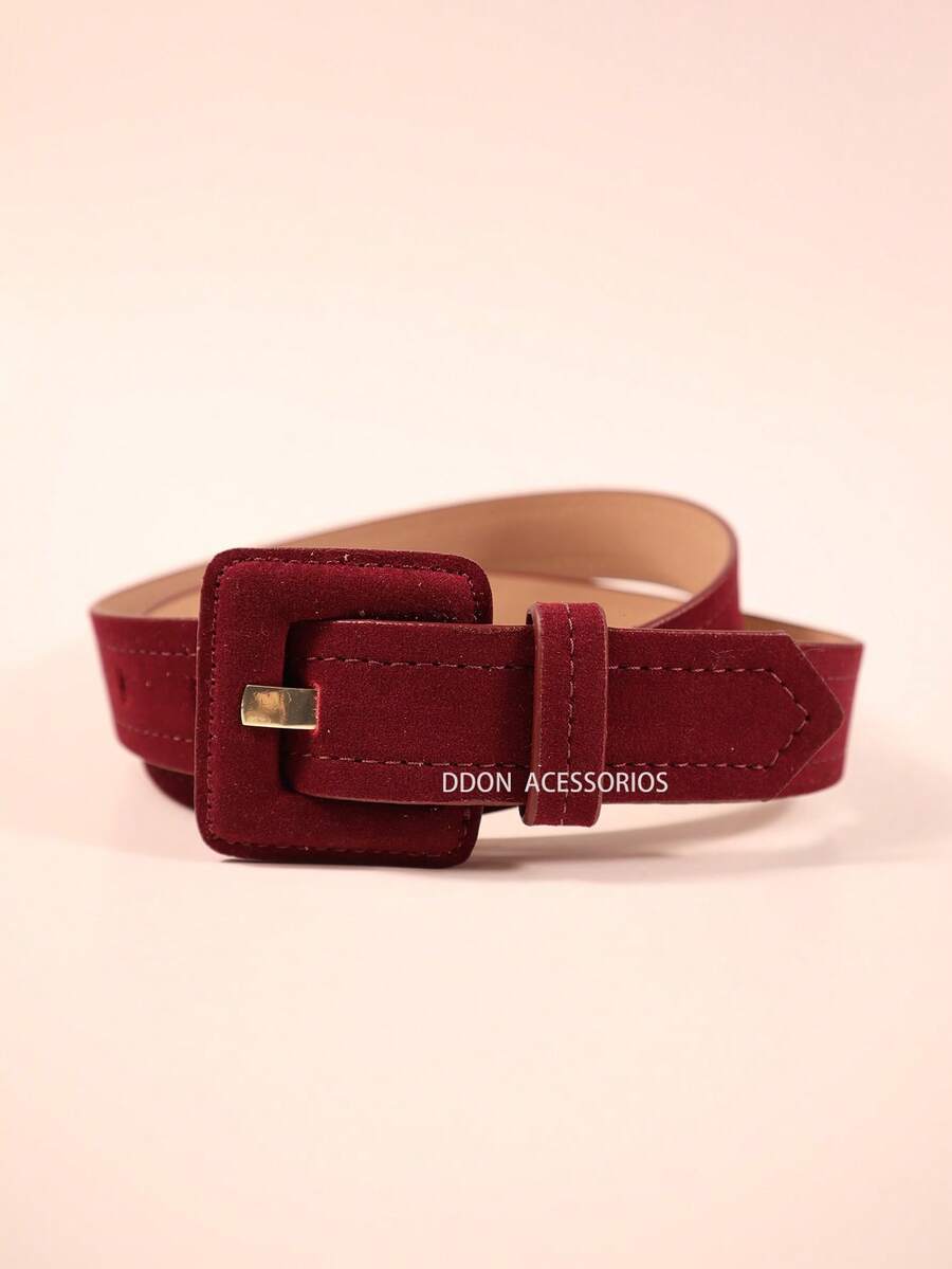 Women's Suede Belt 3cm Square Covered Buckle - Màu Đỏ Sâu - Xem 1