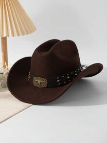 1pc Solid Color Casual Vintage Polyester (Polyester) Animal Shaped Cowboy Hat With Retro 3D Copper Bull Head Badge, Square Rivet, Round Rivet, Yellow Stone Element Leather Strap, American Western Wide Brim Cowboy Hat