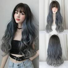 NAMM 26 英寸渐变蓝色女士假发，散落波浪假发，带刘海，深色发根，蓝色至灰色，自然造型，长卷发，合成假发，适合女士日常派对狂欢（可修剪刘海长度） - 漸層藍色 - 查看 10