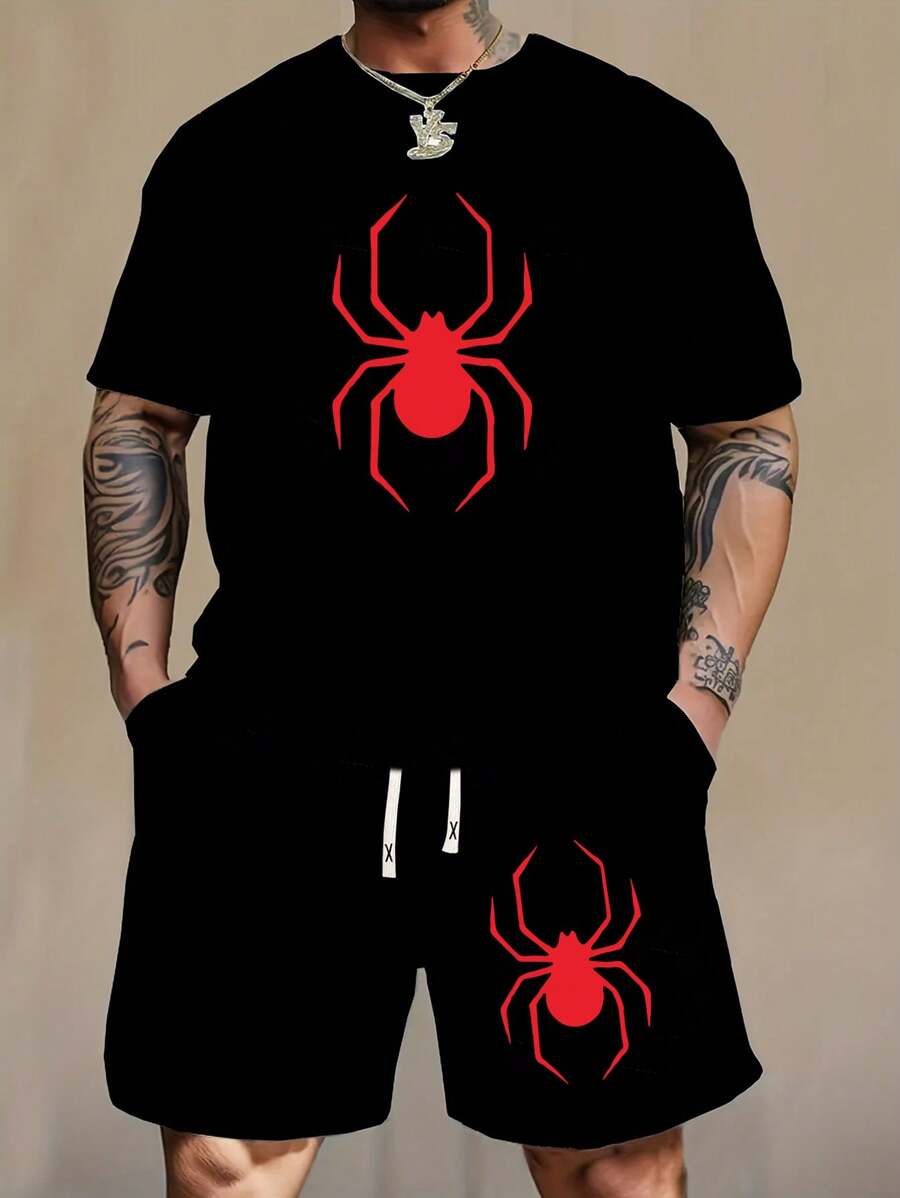 2 pezzi/set Uomo Maglietta a maniche corte aderente con stampa ragno e pantaloncini in vita con laccetti, outfit casual, adatto come regalo per marito/fidanzato, golf, pesca, basket, campeggio, palestra, nuoto e spiaggia