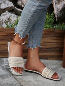 Women's Plus Size Slip-On Rhinestone Decorated Flat Sandals, Casual & Versatile Summer Outdoor Plastic Slippers - Beige - View 4