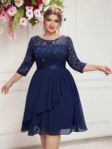 Plus Glitter Sequin Floral Lace Contrast Chiffon Ruffle Wrap Hem Elegant Prom Evening Party Swing Dress, Wedding Guest Dress, For Birthday, Graduation, Date Night - Navy Blue - View 5