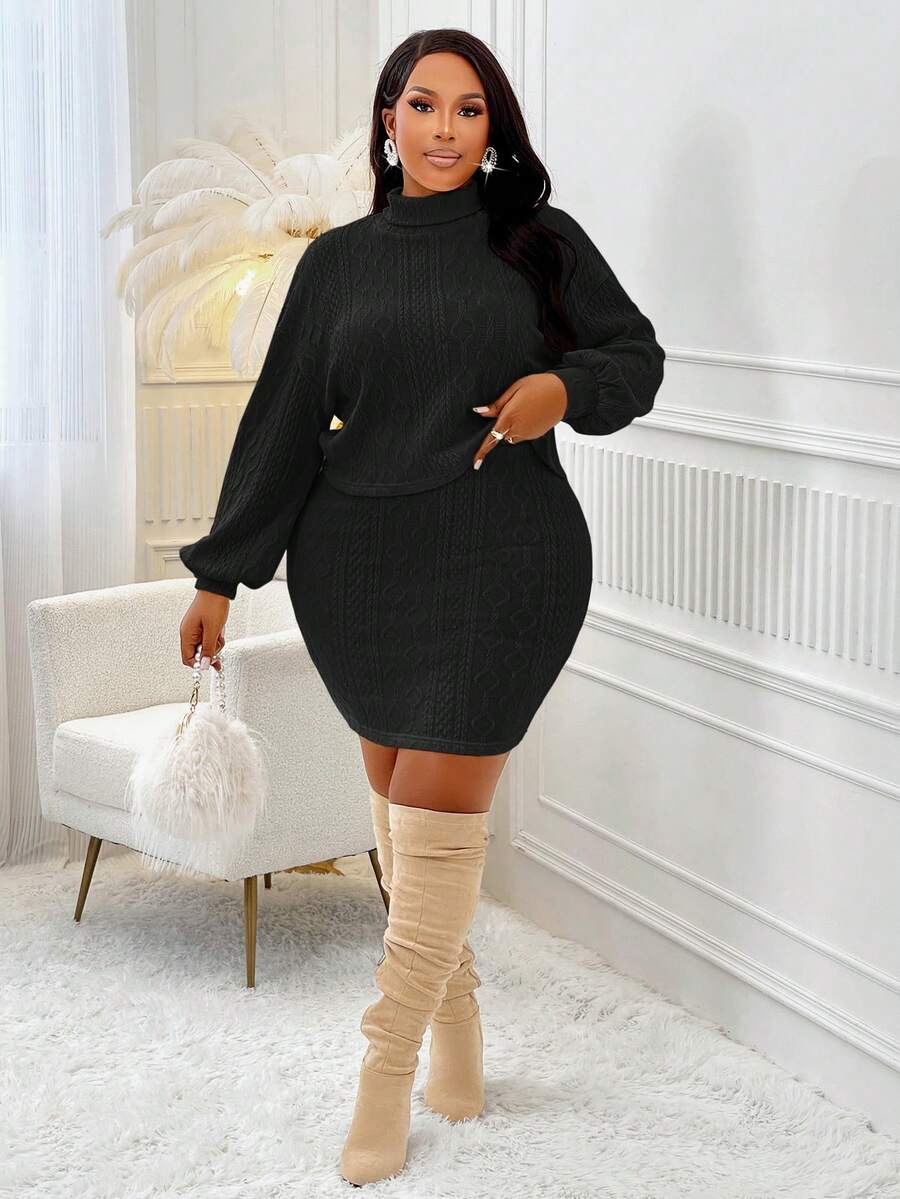 مجموعة جيرسيه متماسكة نسائية، بلوزة بياقة ملتف على الكتفين وتنورة مناسبة للمقاسات الكبيرة، ملائمة للخروجات اليومية وارتداء المكتب - الأسود - مشاهدة 1