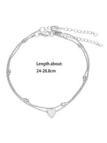 1pc Minimalist Elegant Heart Shaped Double Layer Oval Pearl Chain Anklet, Suitable For Women Wearing Everyday Or Holiday - Silver - View 3