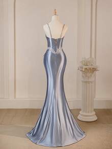 Ice Blue Spaghetti Strap Lace Patchwork Elegant Bodycon Mermaid Maxi Dress, Evening Gown, Halloween Women Costume, Formal, Party Dress, For Wedding Guest - Blue - View 3